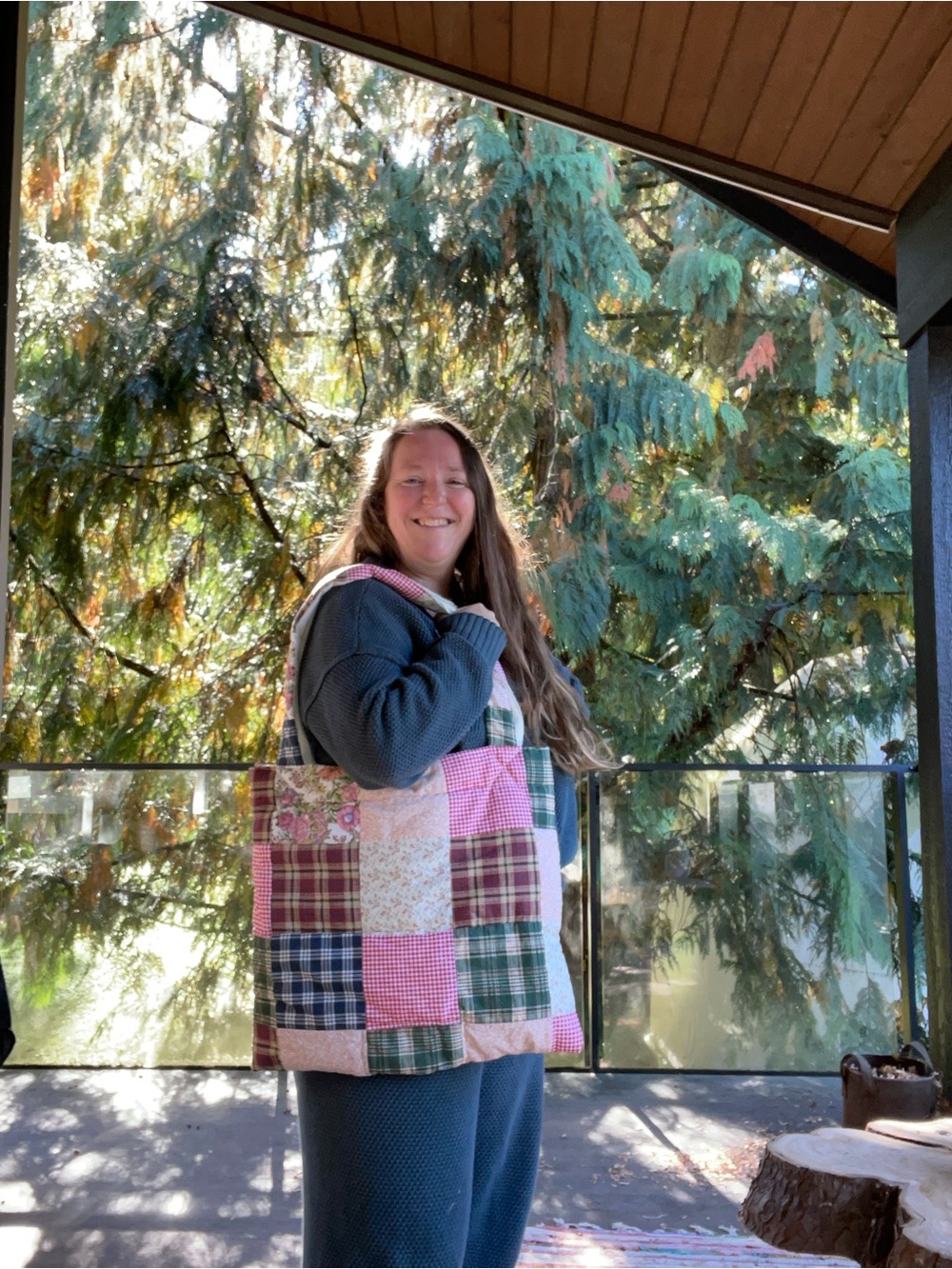 Handmade patchwork gingham quilted tote bag